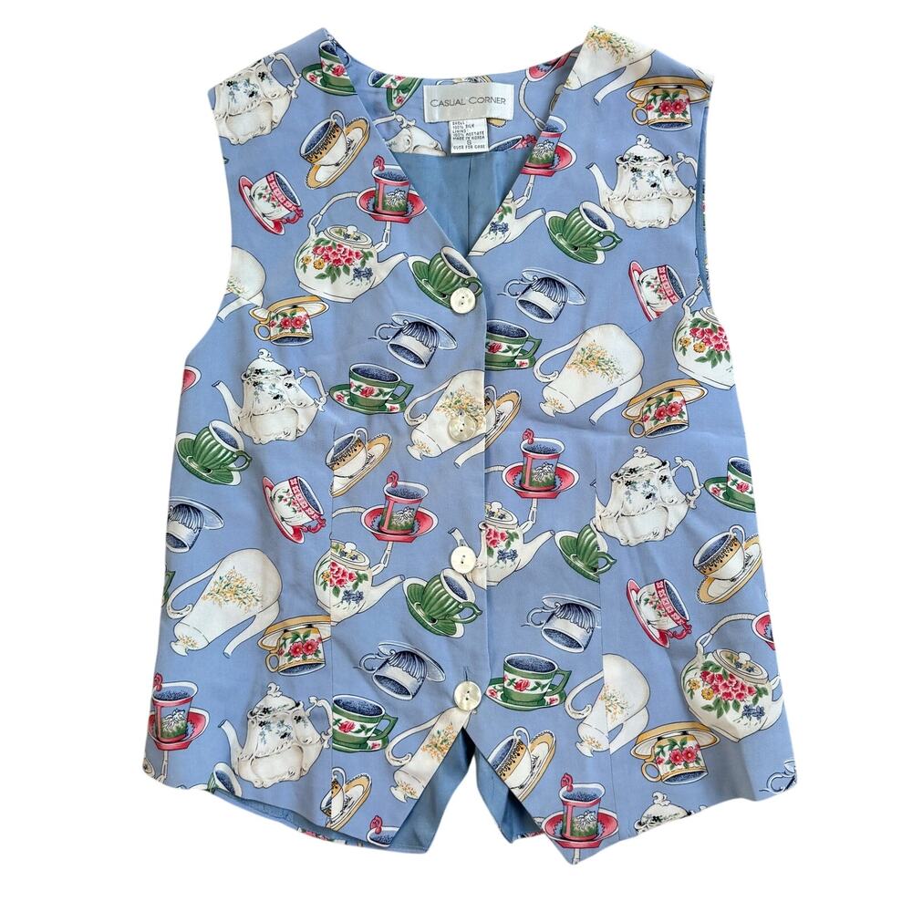 Vtg 1990s Casual Corner Women's Silk Tea Cup Teapot Print Vest Blue Size Small